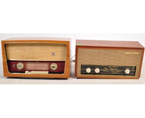 Two retro vintage 1950s mid 20th century valve radios. The lot to include a PYE Printed Circuit oak veneer cased valve radio 