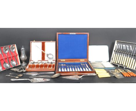 A collection of 20th century silver plate items to include several cutlery flatware sets to include carved mother of pearl se