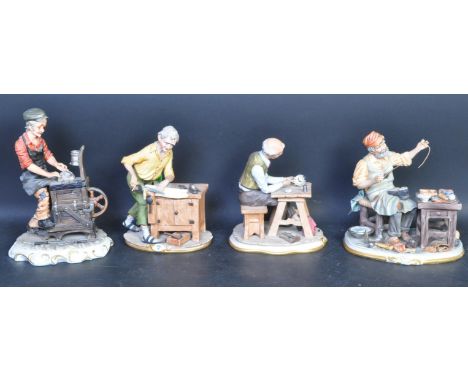 A collection of four vintage 20th century ceramic Capo Di Monte figurines comprising of a Cobbler, Carpenter, Clock Repairer 