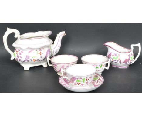 A collection of Victorian 19th century Sunderland pink ceramic china hand painted lustre ware to include a teapot, three teac