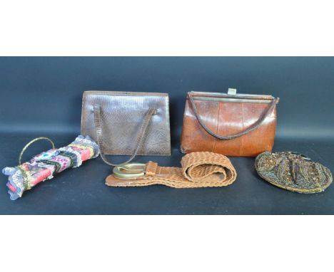 A collection of vintage women's hand bags. To include The Bulaggi, Mulberry ladies belt, two crocodile skin style clip bags. 