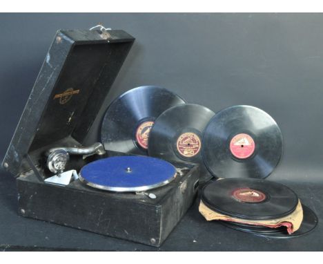 A vintage mid 20th century Columbia Grafonoia gramophone viva tonal having a hard wood case with carry handle to the top. Tog