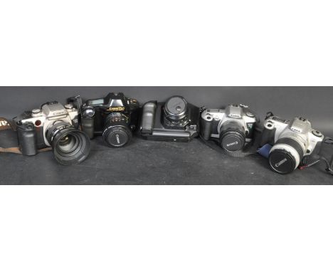 A collection of vintage 20th century Canon camera bodies and lens to include a Canon EOS 50E with Canon Zoom Lens EF 35-105mm