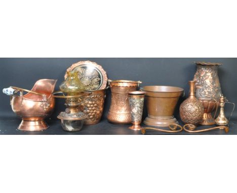 A collection of 20th century Islamic Persian Middle Eastern copper items to include a coal scuttle with porcelain handle, a c