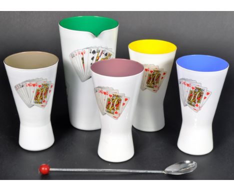 A retro vintage mid 20th Century 1960's milk glass drink bridge set comprising a cocktail jug and four drinking glasses with 