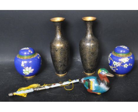 A collection of 20th century Chinese cloisonne enamel items. To include pair of blue enamel ginger jars in the prunus pattern