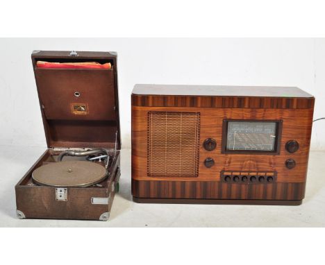 His Masters Voice - a 1940s vintage HMV valve radio in a burr walnut veneered case with crossbanding to the facade alongside 