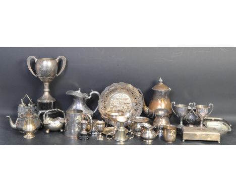 A large collection of 19th century Victorian and later silver plated items to include coffee pots, sugar bowls, milk jugs, ta
