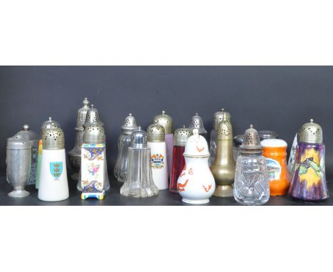 A large collection of vintage 20th century sugar sifters to include glass examples, silver plates pieces, Clarice Cliff style
