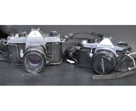 Two vintage 20th century Pentax camera bodies and lenses to include an Asahi Pentax Spotmatic F serial no. 6033739 with SMC A