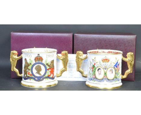 Two vintage 20th century Paragon bone china commemorative loving cups. Both boxed with certification. The first being H. M. Q