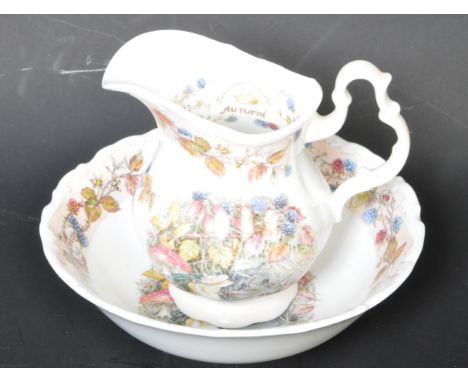 A vintage 20th century Royal Doulton Bramley Hedge Collection 'Autumn' pattern bone china milk jug and cereal bowl. Designed 