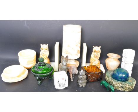 A miscellaneous collection of retro mid 20th century items to include an assortment of carved yellow veined onyx stone bowls 