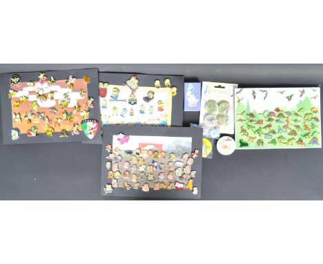 A large collection of vintage and modern pin badges. The lot to include animated pigs pins from cartoons characters, music in