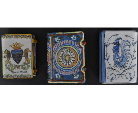 Collection of 3 pottery book snuff boxed to include; French quimper, thouna Swiss pottery and outeiro Portugal.&nbsp;