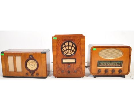 A collection of three art deco vintage, circa 1940s, valve radios. the lot to include a McMichael tombstone valve radio, with