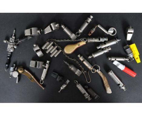 A collection of retro 20th century metal, wooden and plastic whistles. The lot to include&nbsp;&nbsp;ACME whistles, J. Hudson