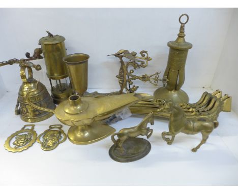 Assorted brass items including a miner's lamp and an Aladdin's lamp 