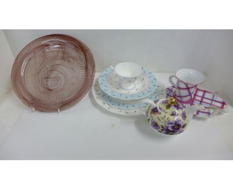 A Davidson cloud glass plate, a Royal Albert Rose Buds cup, saucer and tea plates and another teapot, tea cup and plate **PLE