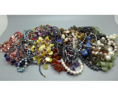 Gemstone jewellery including tigers eye, blister pearl, carnelian, etc. 