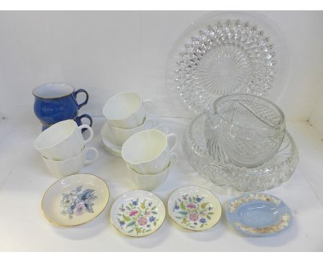 Royal Crown Derby cups and saucers, Wedgwood and two Denby cups, two crystal bowls and a plate **PLEASE NOTE THIS LOT IS NOT 