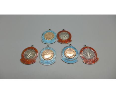 Six silver and enamel Melody Maker Dance Band Championship fob medals, two marked 1947, 52g 