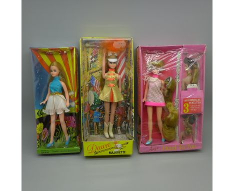 Dawn Dolls by Topper USA 1970, three dolls in original boxes; first ever Dawn, Angie Head to Toe and Dawn Majorette 