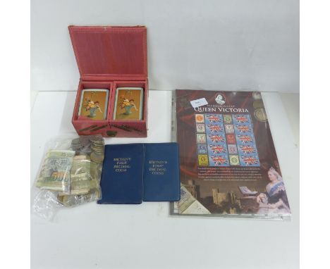 Mixed foreign coins, two stamp sets, History of the Monarchy and The Jubilee Issue of Queen Victoria, two continental vases d