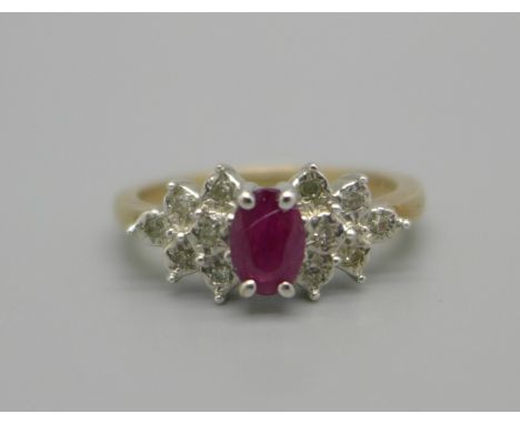 A 9ct gold, ruby and white stone cluster ring, 2.9g, N 