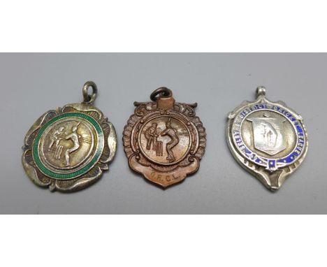 Three cricket fobs including one silver and enamel Selby Cricket, enamel a/f 