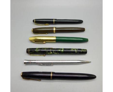 Four pens with 14ct gold nibs, 2x Parker Duofold, Summit and Sheaffer, an Osmiroid 65 pen and a silver Eversharp pencil (6) 