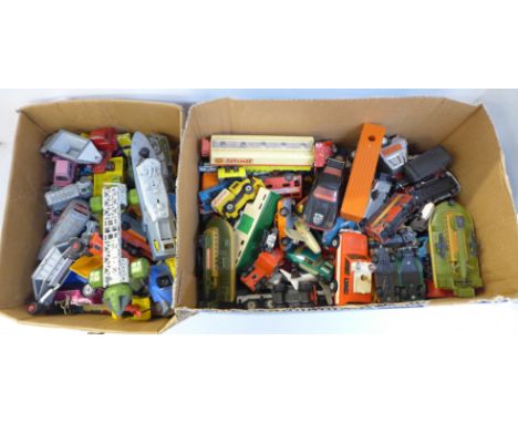 Two boxes of die cast model vehicles including Dinky, Corgi and Matchbox 