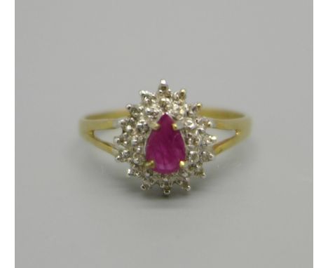 A 9ct gold, ruby and diamond cluster ring, 1.7g, Q 