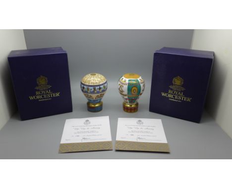 Two Royal Worcester Hot Air Balloon Candle Snuffers - Up Up and Away Collection, Zodiac and Egypt, both boxed with certificat