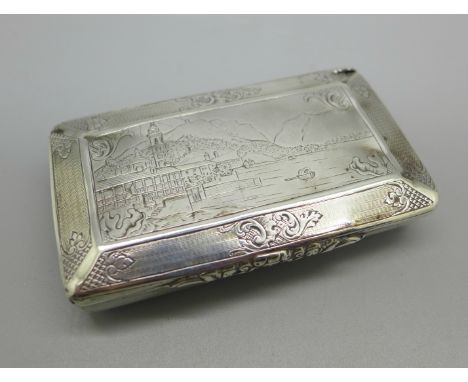 An early 19th Century silver snuff box with Italian lake scene, a/f, continental control mark, 81mm wide 