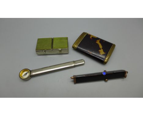 A green stone set stamp box, a propelling three colour pencil, a metal compass/pencil holder and a vesta case, striker a/f 