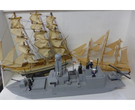 Three model ships; two sailing ships and one Lego style Royal Navy type 41 destroyer with box 