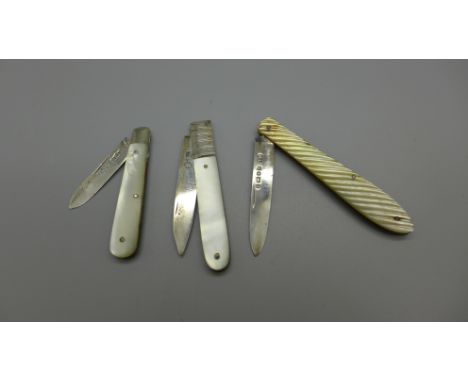 Three silver and mother of pearl fruit knives including one Victorian 