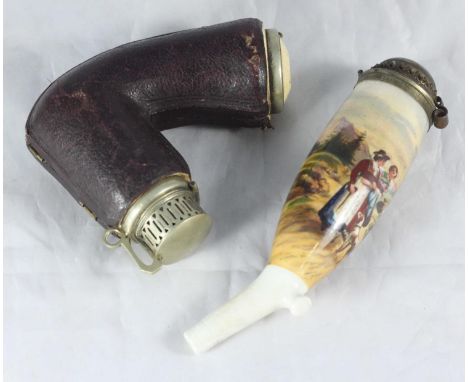A Bavarian porcelain tobacco pipe bowl painted with huntsman and his dogs talking to two ladies, together with a plain Meersc