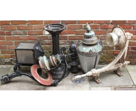 A Victorian lead &amp; copper lamppost lantern, two various cast iron street gaslight brackets, bracketed square metal lanter