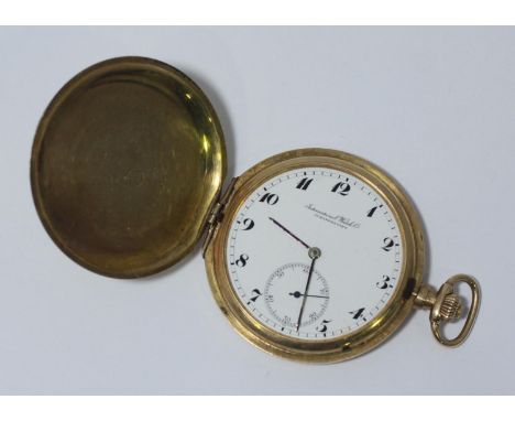 A 14ct gold full hunter pocket watch by the International Watch Company, c.1913, the white enamel dial with Arabic numerals d