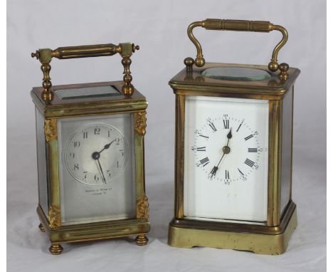 A Mappin &amp; Webb brass carriage clock with silvered dial and Arabic numerals, in leather travel case (working order), toge