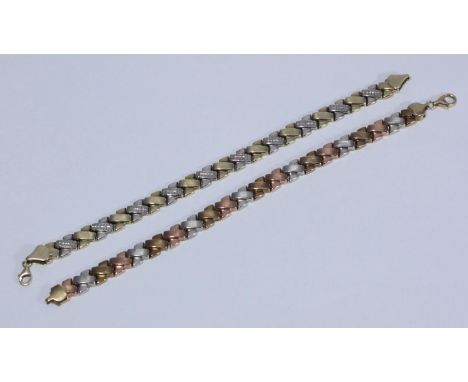 A 9ct gold tri-colour bracelet and a similar 9ct gold bi-colour bracelet, each modelled as a string of 'X' shape links. One w