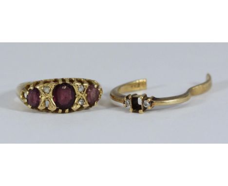 An 18ct gold Ruby and rose-cut diamond ring (one diamond lacking), together with a broken 18ct gold ring, 6.08g 