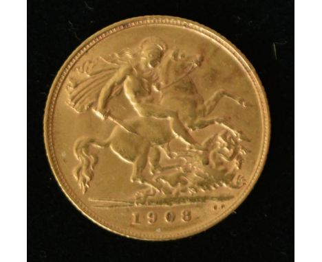 A 1908 King Edward VII gold half-sovereign with George and dragon design, very fine, 3.972g 
