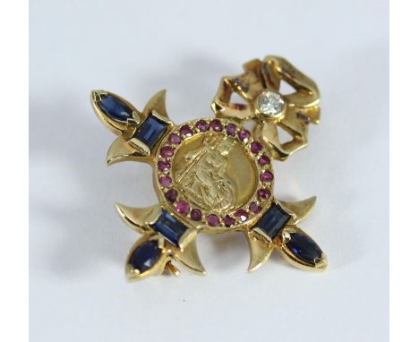 A Ladies 18ct Gold, Ruby, Sapphire and Diamond brooch, modelled as a ladies M.B.E Medal, item weight, 5.7 grams, estimated to