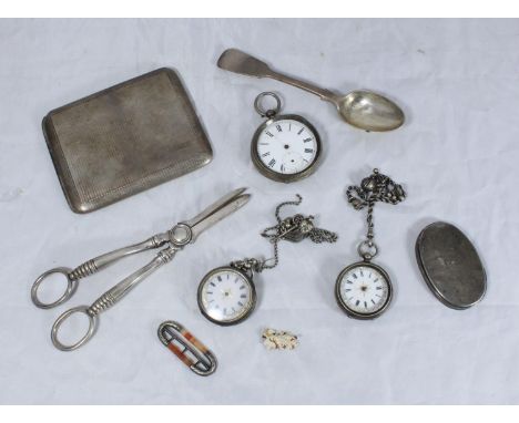A silver cigarette case with engine-turned decoration, together with a spoon, oval top, three open face pocket watches (AF), 