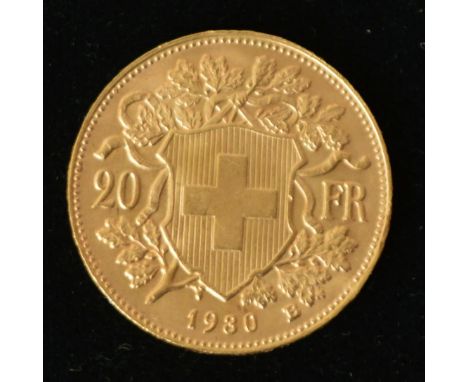 A 1930 Switzerland gold 20 francs coin, Helvetia head, extremely fine, 6.448g 