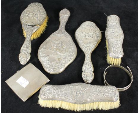 A five-piece silver brush and mirror set by Henry Matthews, hallmarked Birmingham, 1902, together with a silver cigarette cas