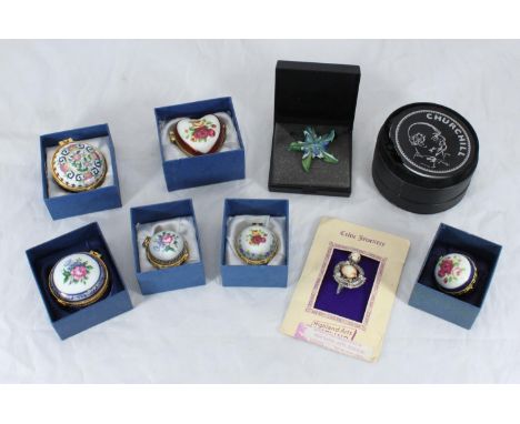 Six various porcelain and gilt pill boxes decorated with flowers, together with a Winston Churchill pocketwatch, a necklace i